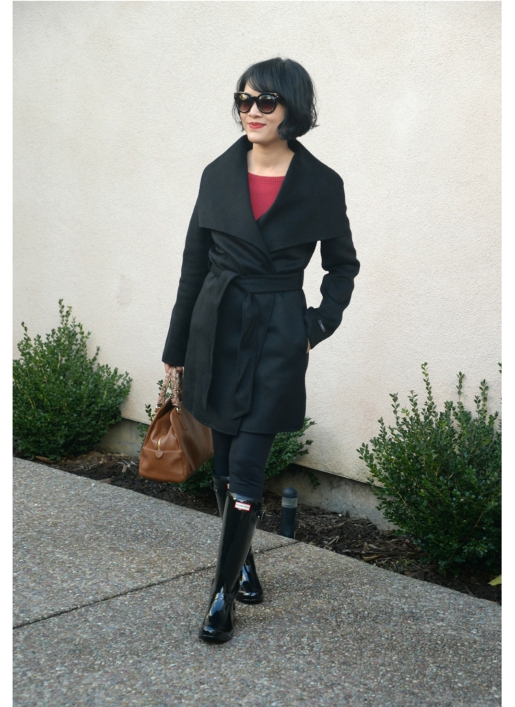 Hunter Rain Boots and Tahari Ella Wrap Coat