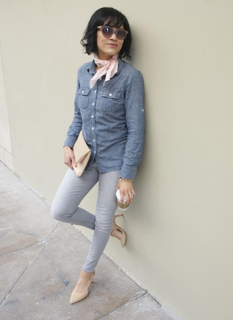 Chambray Top + Silk Scarf