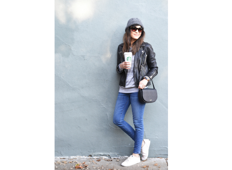 Moto jacket and jeans outfit. An easy everyday fall/winter style. #motojacket #winteroutfits #easystyle #everydaystyle