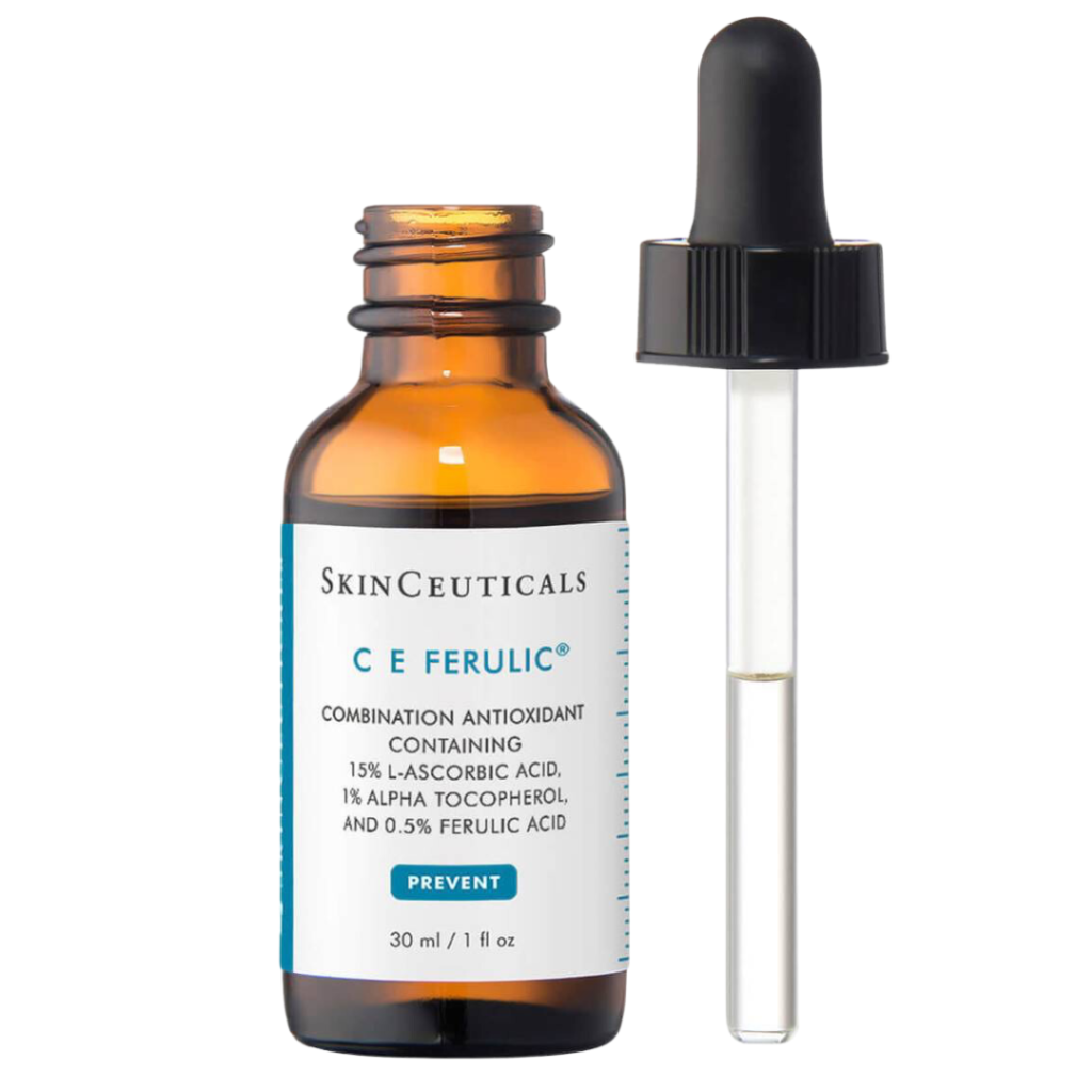 SkinCeuticals CE Ferulic Acid: A vial of high-end skincare serum, known for its powerful rejuvenating properties.