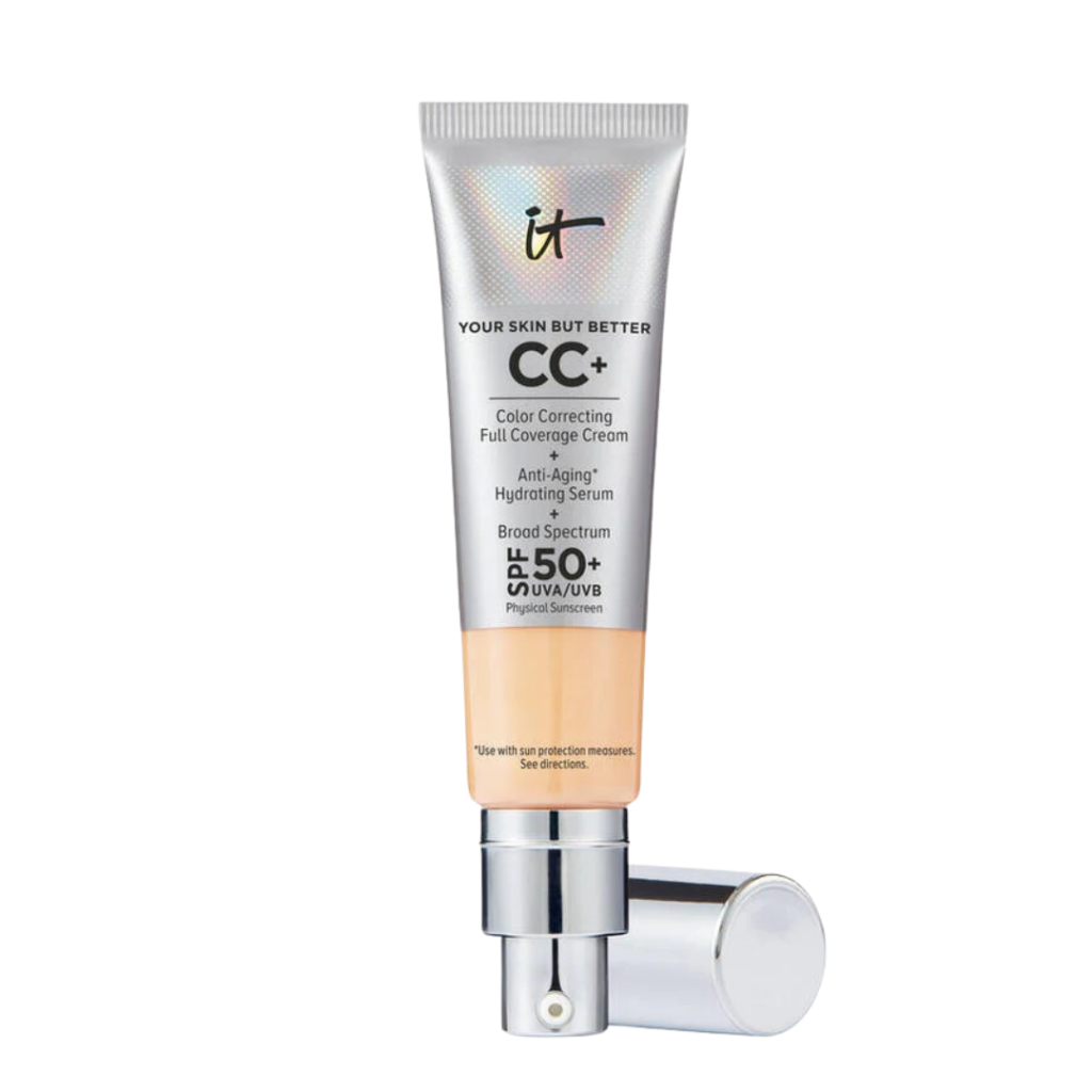 IT Cosmetics CC Cream: A tube of color-correcting CC cream with SPF 50, offering sun protection and a flawless complexion.