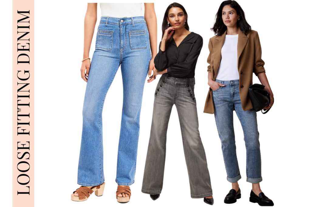 Woman on left wearing flared, light wash jeans with clogs. Woman in middle wearing loose fit grey jeans, pointy black pumps and black v-neck blouse. Woman on right wearing camel blazer, white t-shirt, girlfriend jeans and chunky black loafers.