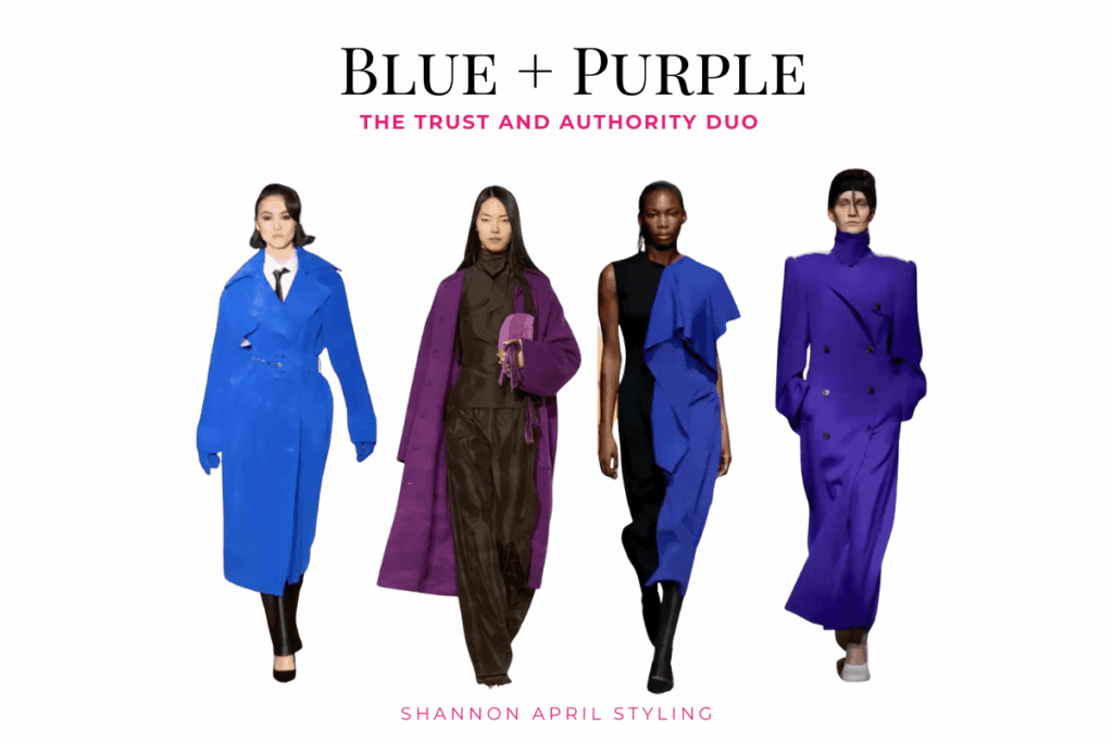 Chic outfits featuring bold blue and purple garments, a trending color blend for fall.