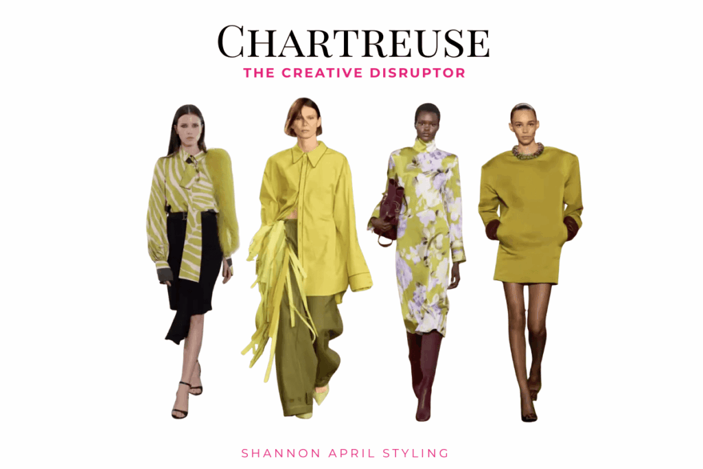 Woman in a stylish chartreuse top, highlighting a bold fashion trend for fall 2025.