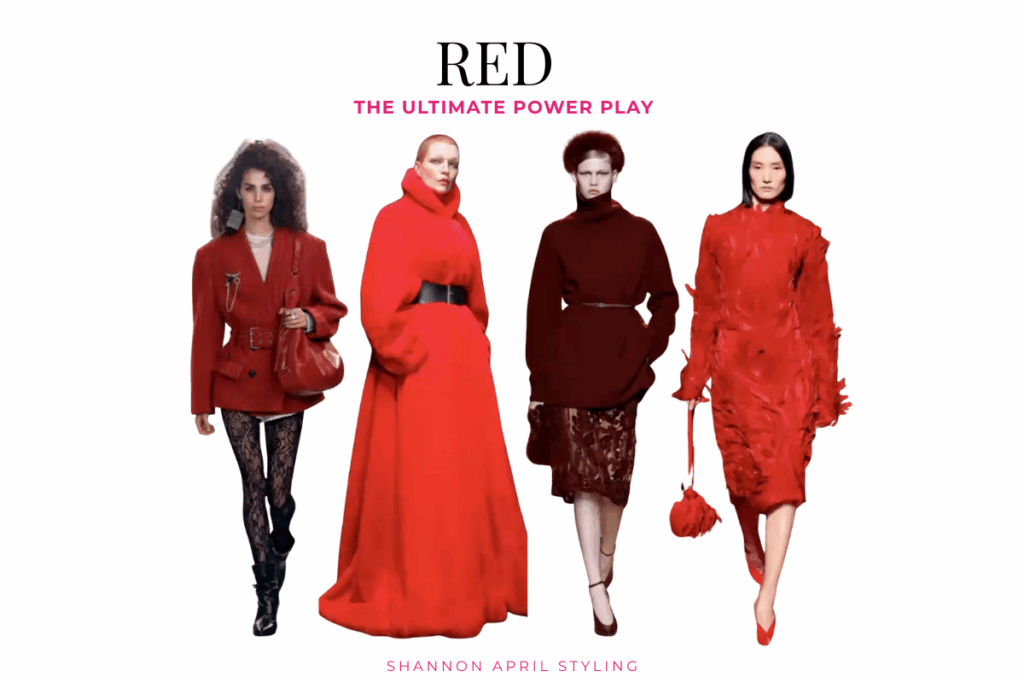 Petite woman confidently wearing a bold red suit, an ideal power look for fall.