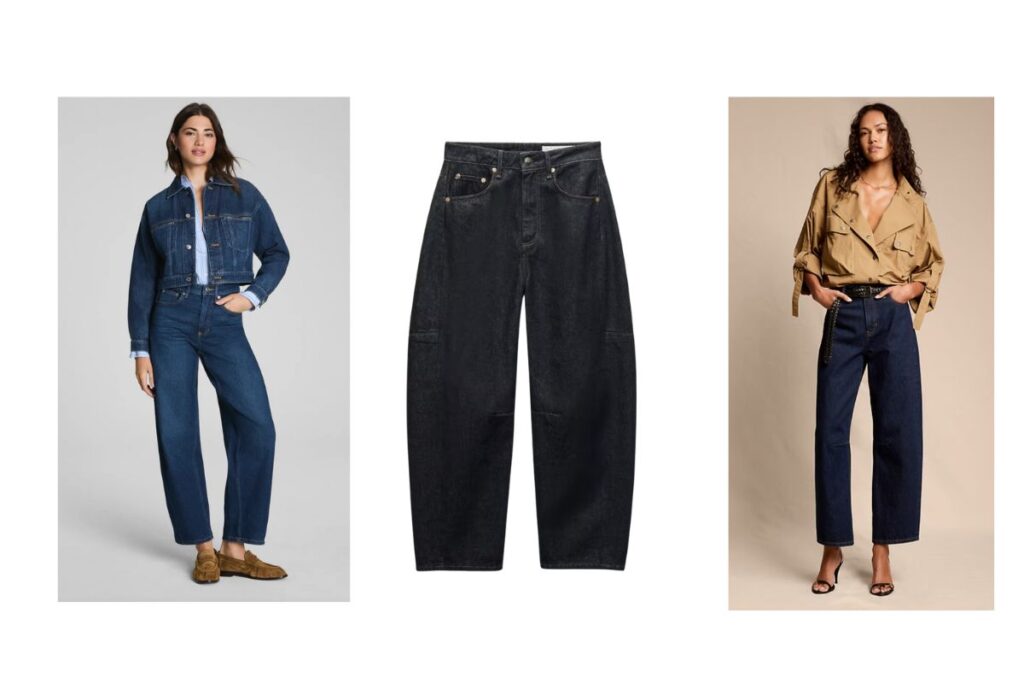 High-rise barrel-leg jeans showcasing the wide, rounded leg shape and fitted waist.