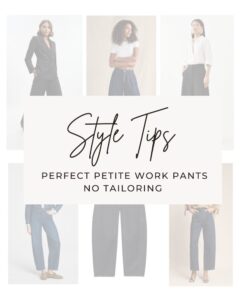 Petite woman wearing low-tailor solution high-rise work pants that need zero hemming.