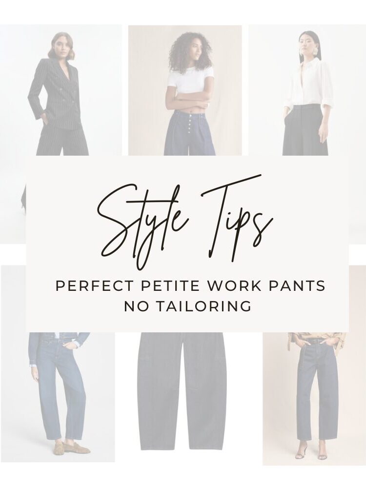 Petite woman wearing low-tailor solution high-rise work pants that need zero hemming.