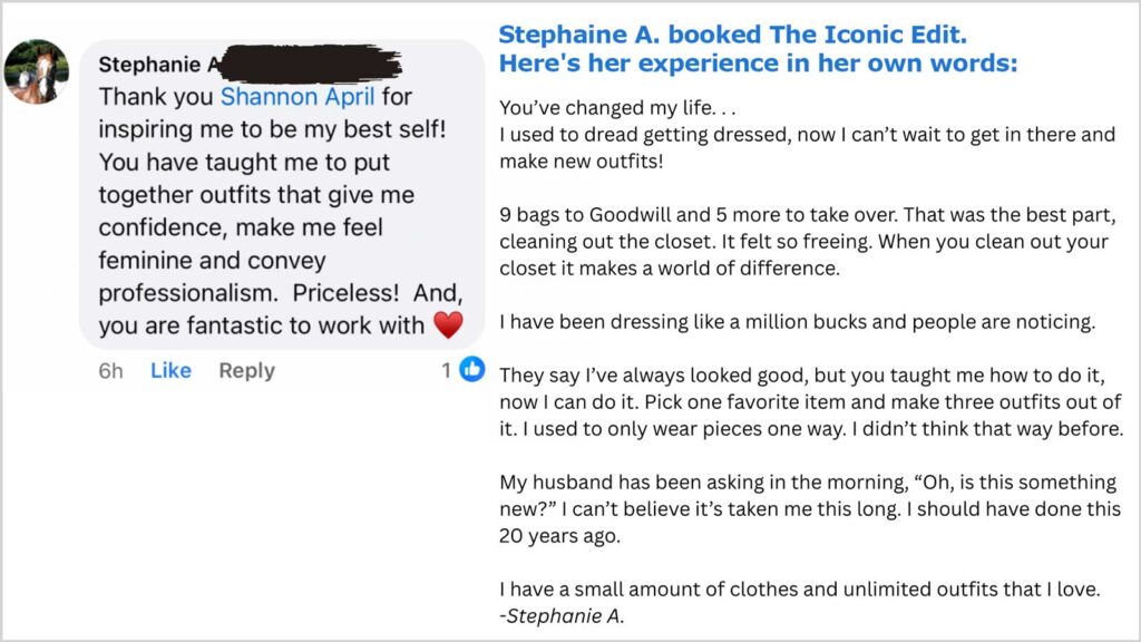 Client testimonial after buying The Iconic Edit package, wardrobe edit and personal styling experience